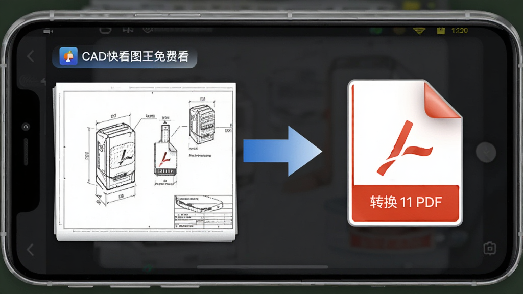 一部手机正在将CAD图纸转换为PDF文件,画面中图纸与PDF图标并排,转换过程以箭头示意,背景干净,色调清爽,风格简约,细节丰富,画质高清,无多余元素,手机屏幕显示“CAD快看图王免费看”