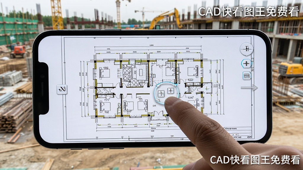 手机屏幕上打开一张复杂的大型CAD总平面图,手指正在缩放操作,画面流畅无延迟,背景为工地现场,风格写实,细节丰富,画质清晰,无多余元素,屏幕角落有“CAD快看图王免费看”水印