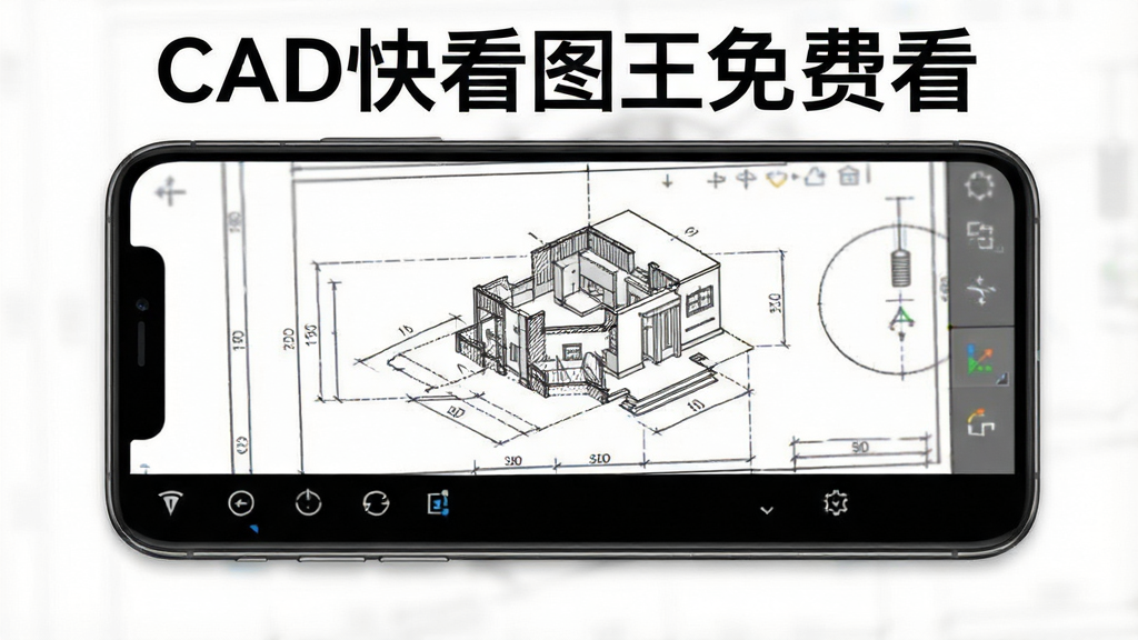 手机屏幕展示CAD图纸,界面底部无广告横幅,整体干净整洁,风格简约,细节清晰,画质高清,无多余元素,屏幕上方有“CAD快看图王免费看”标识