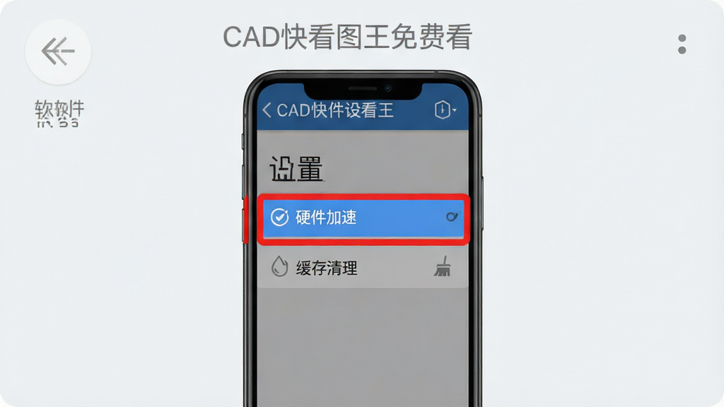 手机屏幕显示软件设置界面,高亮标注“硬件加速”和“缓存清理”选项,背景为浅色,风格简约,细节清晰,画质干净,无多余元素,屏幕顶部有“CAD快看图王免费看”字样