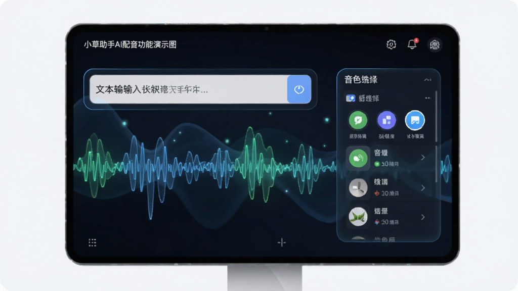 小草助手AI配音功能演示图,界面显示文本输入框和音色选择列表,背景有波形图装饰,风格科技感十足,UI设计现代,画质清晰,干净无多余元素