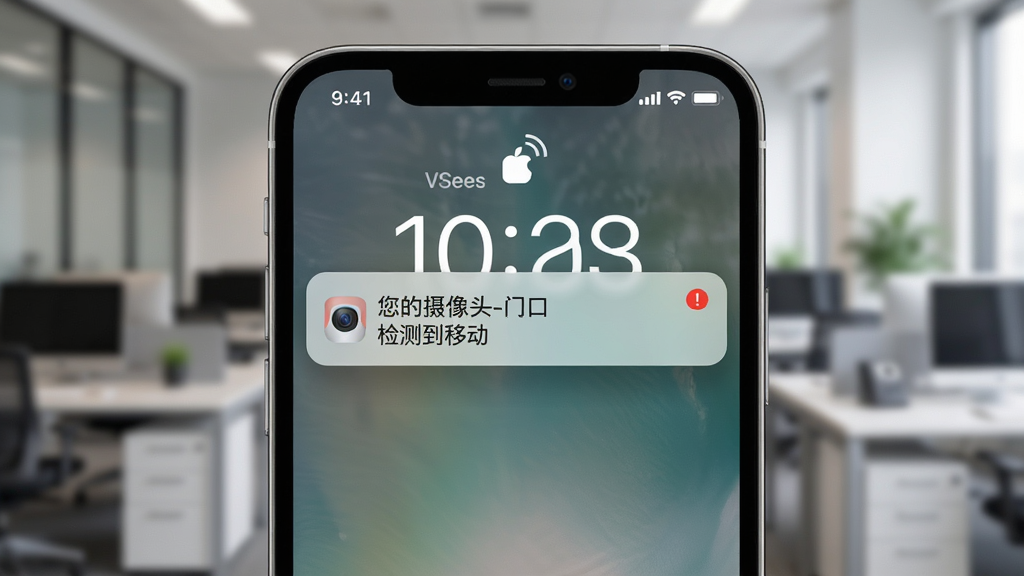手机锁屏界面显示一条VSees推送通知,通知内容为“您的摄像头-门口 检测到移动”,带有摄像头小图标和红色警示色,手机下方背景为模糊的办公室环境,构图以手机为中心,风格写实,细节包括通知阴影、时间显示,画质高清,干净,无多余元素