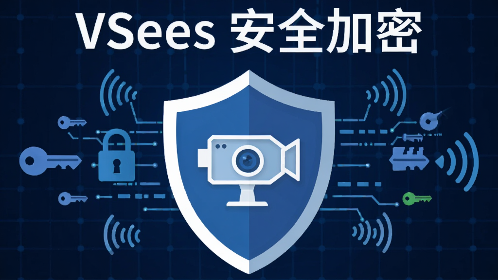 抽象风格图像,中央是一个盾牌图标,内部有摄像头轮廓,周围环绕加密锁与数据流线条,背景为深蓝色科技网格,标题文字“VSees 安全加密”,布局对称,风格扁平化,细节包括密钥图形、信号波纹,画质干净,无多余元素