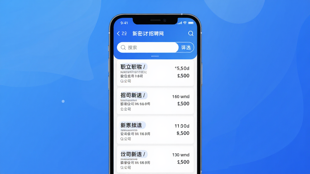 新密迅才招聘网APP界面展示,主体为手机屏幕呈现招聘列表页,背景是简约的蓝色渐变,布局清晰展示职位名称、公司信息和薪资待遇,风格现代简洁,细节包括搜索栏和筛选按钮,画质高清干净,无多余元素
