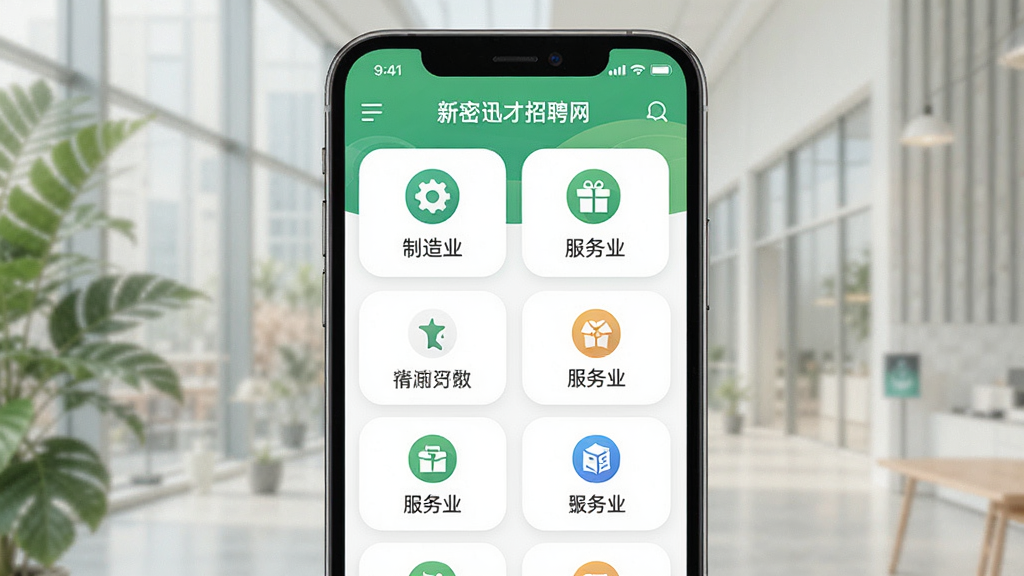 新密迅才招聘网本地职位分类展示图,主体为手机APP内行业分类模块,布局采用圆角卡片式排列,风格清新自然,细节显示制造业、服务业等图标,画质清晰干净,无多余元素