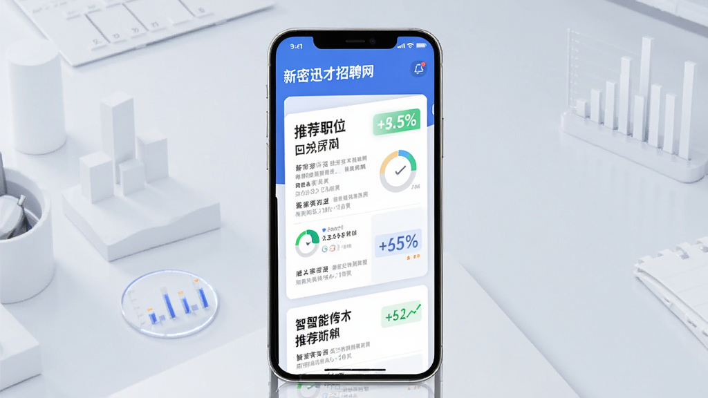 新密迅才招聘网智能推荐功能示意图,主体为手机界面展示推荐职位卡片,布局简洁明了,风格科技现代,细节包括匹配度百分比标签,画质高清干净,无多余元素