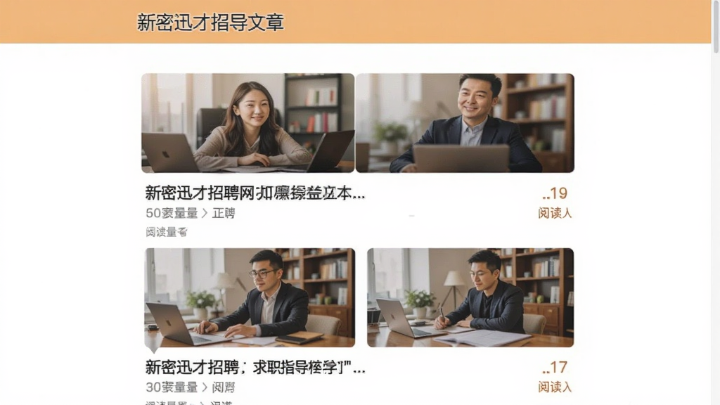 新密迅才招聘网求职指导文章页面,主体为文章列表配图,布局为图文混排,风格温馨实用,细节显示标题和阅读量,画质清晰干净,无多余元素