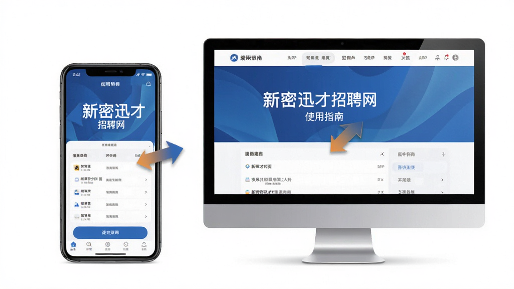新密迅才招聘网使用指南配图,主体为手机和电脑并排展示APP界面,布局左右对称,风格商务简洁,细节包括操作提示箭头,画质干净无多余元素