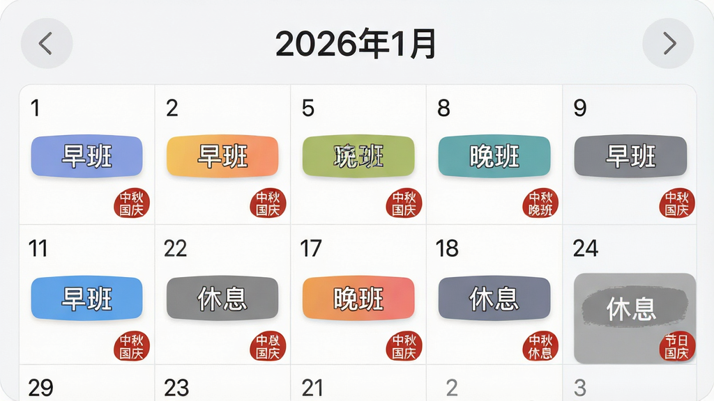 ���壺���Ű�ʱ�⡱APP��������ͼ��д�����������б�ע�š���ࡱ�������ࡱ������Ϣ���Ȳ�ɫ��ǩ��ͬʱ��ʾ������������족�Ƚ��սǱꡣ���֣�����ռ�ݻ������룬�Ϸ��С�2026��1�¡��ı��⣬�������л��·ݵļ�ͷ���Ű棺��������ͳһ�����Ͻǣ���α�ǩ���У����սǱ������½ǣ���Ϣ�㼶������������¼���UI��Ʒ��ǳɫ��������ɫ��ǩ���Ͷ����С�ϸ�ڣ�ÿ�����ڵİ�α�ǩ��ɫ��ͬ����Ϣ����ʾΪ��ɫ�������к�ɫС�Ǳꡣ���ʣ����壬�ɾ����޶���Ԫ�ء�