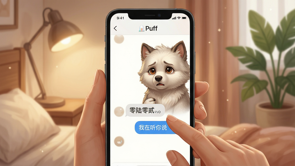 零陆零贰温柔对话功能预览图,画面中一位用户手指轻触手机屏幕,屏幕内显示与Puff的对话界面,Puff表情关切,对话气泡中写着“我在听你说”,背景是温馨的卧室一角,有台灯和绿植,布局以手机屏幕为中心,排版自然,插画风格,细节包括柔和的光影和细腻的毛发质感,画质清晰,干净无多余元素
