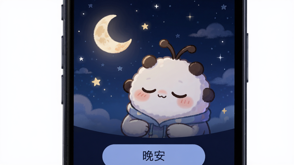 零陆零贰安稳时刻功能预览图,画面中手机屏幕显示夜间模式界面,背景是深蓝色星空,Puff角色闭着眼睛,表情安详,旁边有一轮弯月和闪烁的星星,界面下方有“晚安”按钮,布局以手机屏幕为主,排版静谧,插画风格,细节包括星光和薄云,画质清晰,干净无多余元素