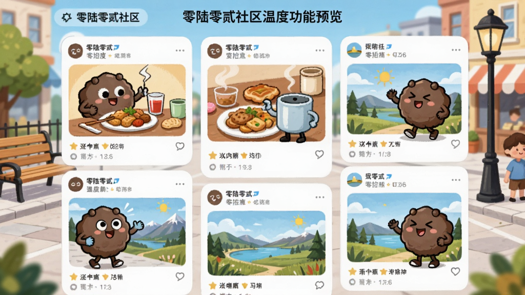 零陆零贰社区温度功能预览图,画面中展示一个社区广场界面,有多个Puff角色在发帖,有的在分享美食,有的在晒风景,背景是热闹的街角,有长椅和路灯,布局以信息流为主,排版活泼,插画风格,细节包括不同角色的动态和表情,画质清晰,干净无多余元素