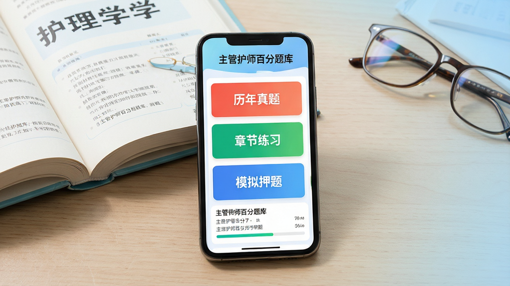 图片主体为一部亮着屏幕的智能手机,屏幕正面居中显示“主管护师百分题库”APP的界面,界面中展示着“历年真题”、“章节练习”和“模拟押题”三个彩色功能卡片,背景为柔和的浅蓝色渐变。手机斜放在一张整洁的木质书桌上,旁边摆放着一本翻开的护理学教材和一副眼镜。布局采用手机居中构图,突出APP界面内容。排版简洁清晰,功能卡片文字醒目。风格写实且明亮,细节展现屏幕上的题目列表和进度条。画质高清细腻,画面干净无多余元素。
