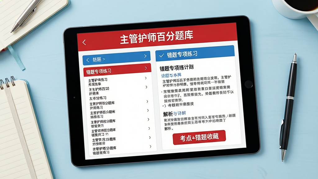 图片主体为一部平板电脑,屏幕上显示“主管护师百分题库”的“错题专项练习”界面,界面以红色和蓝色为主色调,左侧是错题列表,右侧是题目详解与解析。平板电脑放置在浅蓝色的桌面上,周围有笔记本和笔。布局采用俯拍视角,排版直观展示错题整理功能。风格简洁明亮,细节突出“考点+错题收藏”按钮。画质清晰锐利,画面干净无多余元素。