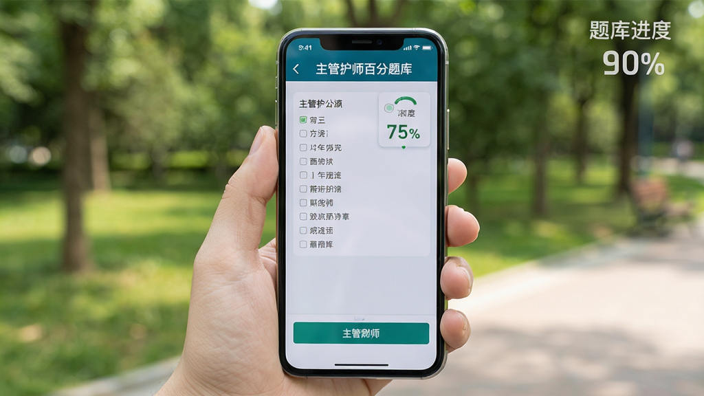 图片主体为一只手拿着手机在户外使用“主管护师百分题库”进行刷题,手机屏幕清晰显示答题界面和选项按钮,背景是虚化的公园绿植。布局采用手机居中特写,突出移动端随时学习的便捷性。排版自然,细节展现屏幕右上角的题库进度百分比。风格写实生活化,画质高清,色彩自然,画面干净无多余元素。