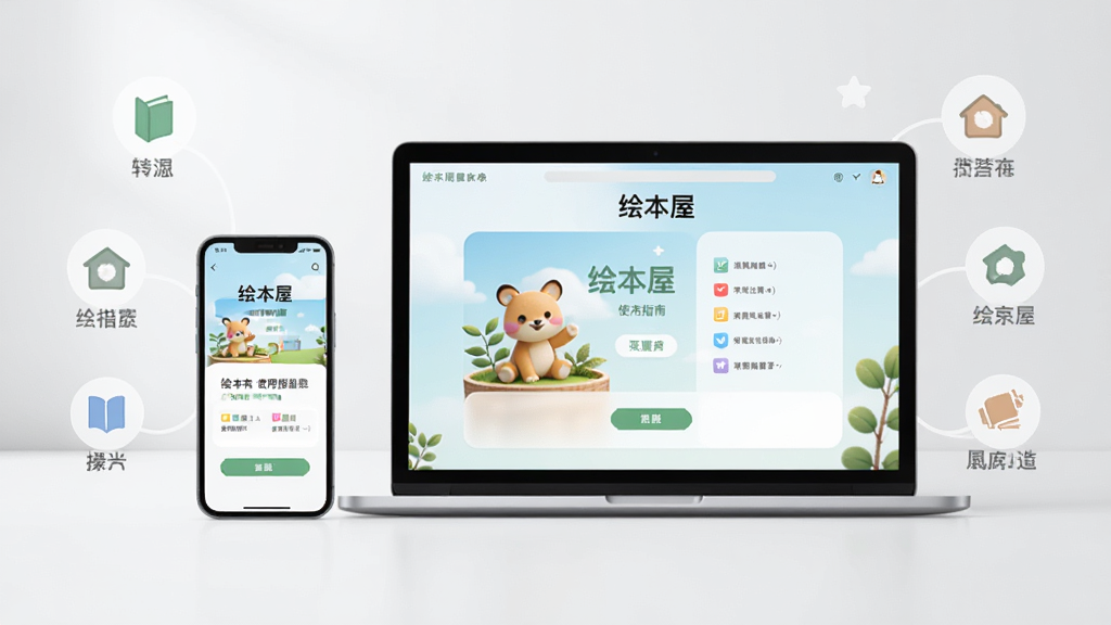 绘本屋使用指南配图,主体为一部智能手机和一台笔记本电脑并排摆放,屏幕上均显示绘本屋应用的操作界面,布局为设备居中,周围有简洁的图标指示,风格为清新简约,浅灰色背景,光线柔和,画质清晰,无多余元素。