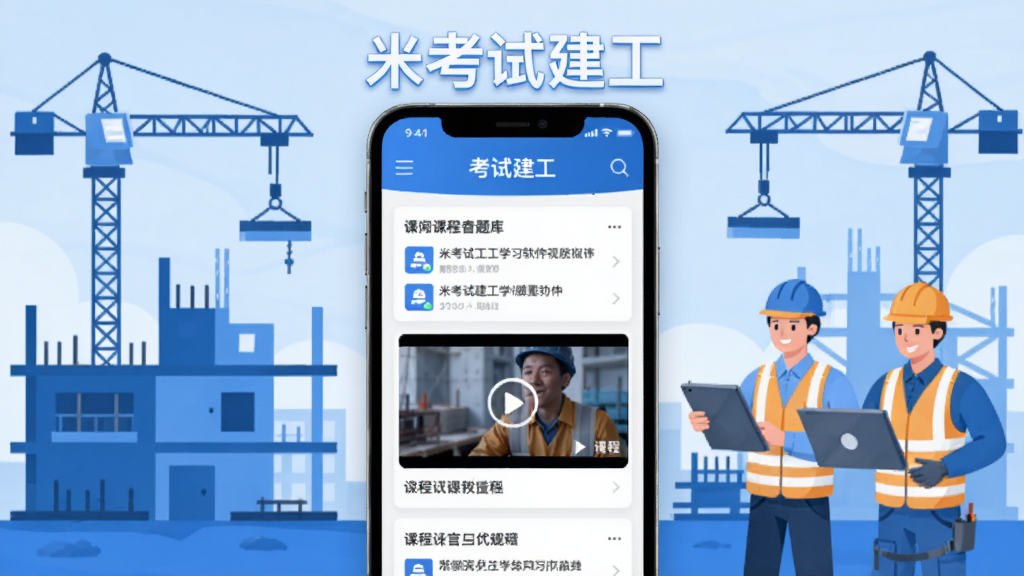 米考试建工学习软件主视觉图,画面中央为手机界面展示题库列表与课程视频,背景是建筑工地与工程师形象,整体采用蓝白配色,扁平化设计,布局清晰,文字标注“米考试建工”字样,画质干净无多余元素