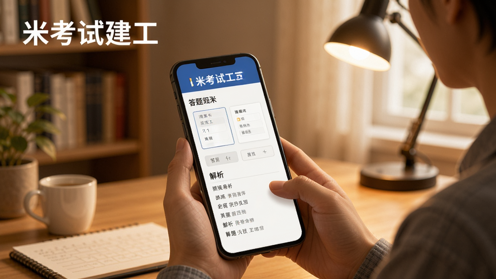 米考试建工使用场景示意图,用户正在手机上刷题,界面显示答题卡和解析,背景为书房或办公室,色调温暖,突出“米考试建工”品牌名称,画质干净无多余元素