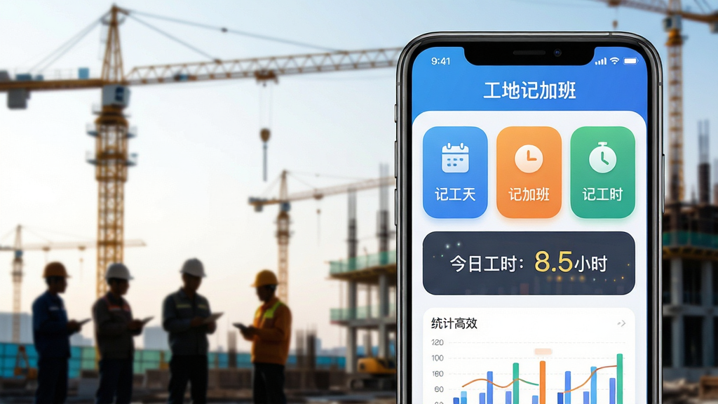 主体:一部智能手机屏幕显示“工地记加班”软件主界面,界面清晰展示“记工天”、“记加班”、“记工时”三大核心功能按钮。布局:手机位于画面中央偏右,左侧留白,背景为模糊的建筑工地塔吊和工人剪影。排版:手机屏幕内功能列表排列整齐,顶部有软件名称“工地记加班”字样,底部有统计图表。风格:写实与科技感结合,色调明亮,突出便捷与高效。细节:屏幕中数字跳动,显示“今日工时:8.5小时”,界面图标圆润。画质:4K高清,细节丰富,干净,无多余元素。
