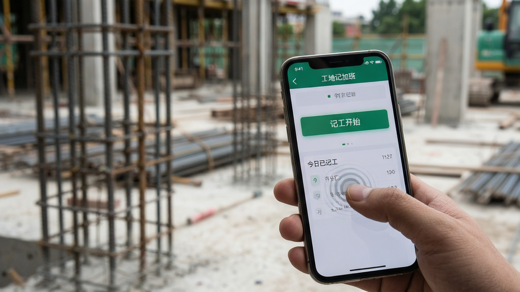 主体:一只手拿着手机在建筑工地上点击“工地记加班”应用中的“开始记工”按钮。布局:手部特写位于画面右下角,手机屏幕朝上,屏幕显示清晰的记工界面,背景是钢筋水泥的施工现场。排版:手机屏幕上“记工开始”按钮高亮显示,下方有“今日已记工”的列表。风格:纪实风格,光线自然,突出真实使用场景。细节:手指点击瞬间,屏幕有轻微涟漪反馈,界面简洁。画质:高清,对焦清晰,背景虚化,干净,无多余元素。