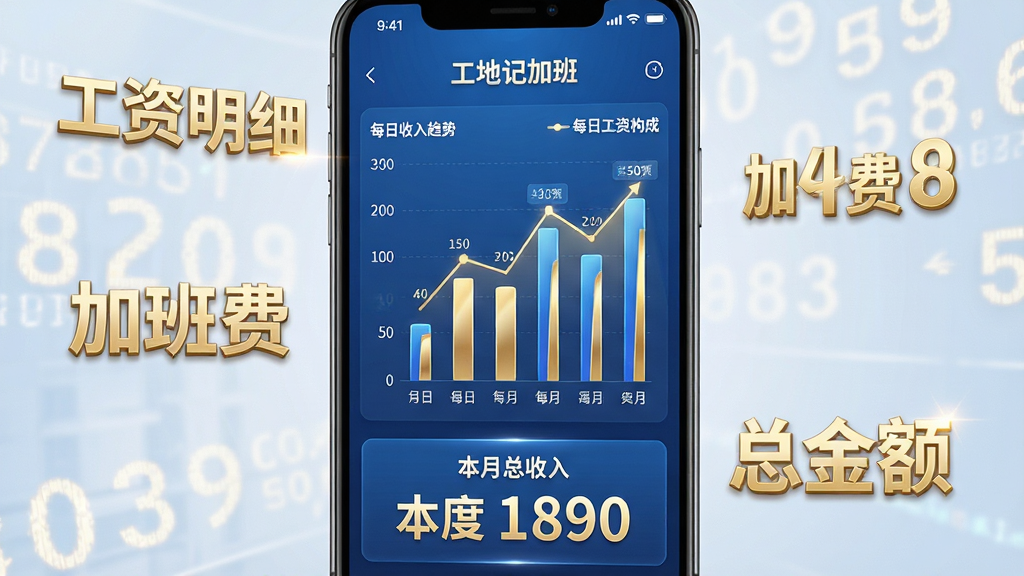 主体:“工地记加班”软件的工资统计报表页面,以图表形式展示月度工资构成。布局:手机屏幕作为主体居中,周围漂浮着数字“工资明细”、“加班费”、“总金额”等金色字样。排版:屏幕内柱状图与折线图结合,清晰展示每日收入趋势,底部有“本月总收入”大数字显示。风格:商务科技风,蓝色与金色为主色调,突出数据的精准与价值。细节:数字滚动特效,图表带有光影质感,文字标签清晰。画质:极清,渲染细腻,无多余元素。