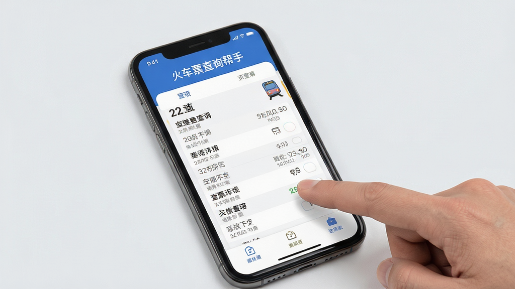 一幅展示火车票查询帮手APP使用教程的配图,主体为手机和手指点击操作,屏幕显示查询结果列表,背景为浅灰色,风格简洁明了,布局合理,细节丰富,画质高清,干净无多余元素
