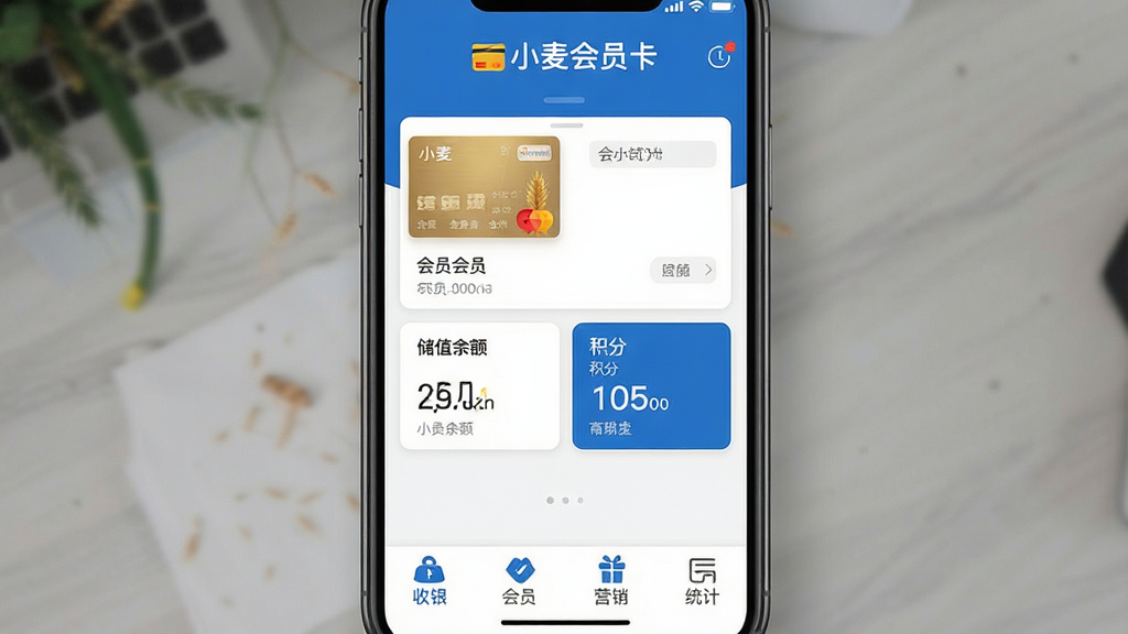 һ��չʾС���Ա��App���ֻ������е��������ͼ�����涥����ʾ��С���Ա����Ʒ�Ʊ�ʶ���м��ǻ�Ա���б��ʹ�ֵ���������ݿ�Ƭ���ײ�����������Ա��Ӫ����ͳ���ĸ�������ť�����������ִ�������ɫ�Ͱ�ɫΪ��ɫ����UI������������ʸ��壬�Ű����룬�޶���Ԫ��