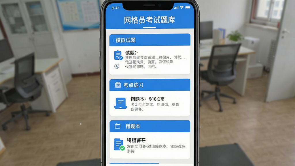 一张展示网格员考试题库app主界面的高清截图,界面包含模拟试题、考点练习、错题本等模块,整体风格简洁现代,以蓝色为主色调,图标清晰,布局合理,文字标注“网格员考试题库”,画质干净,无多余元素