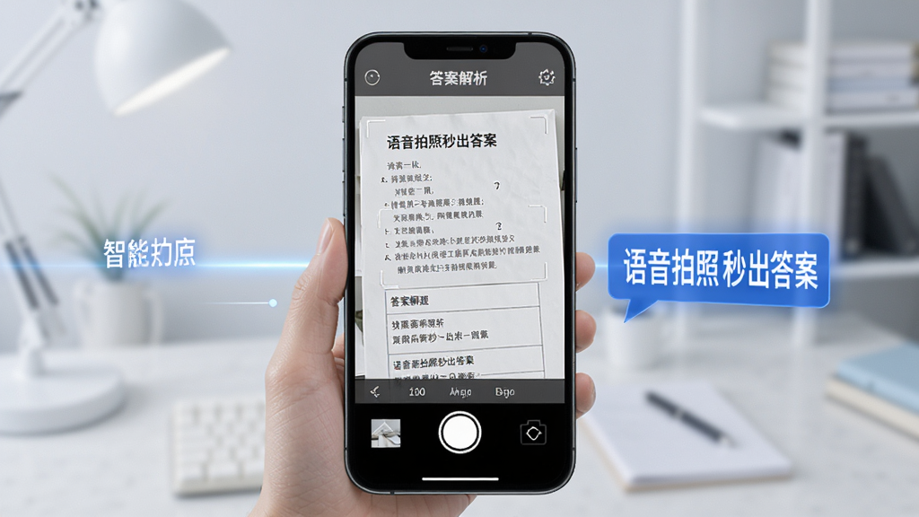 展示网格员考试题库的智能搜题功能,界面中手机摄像头对准试卷,屏幕上显示识别结果和答案解析,主体突出,背景简洁,文字标注“语音拍照秒出答案”,整体风格科技感强,画质清晰,无多余元素