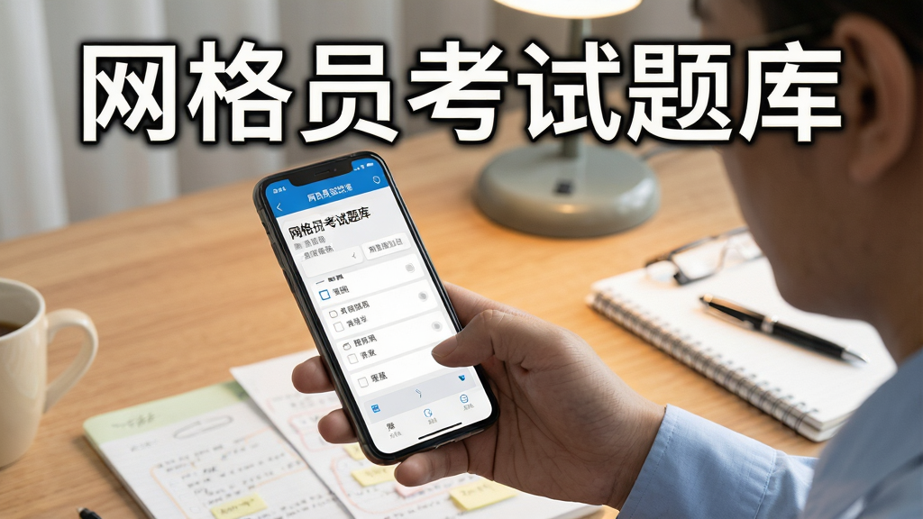 展示网格员考试题库在手机上的实际使用场景,用户手持手机正在答题,屏幕显示题目和选项,背景为书桌,整体氛围专注,文字标注“网格员考试题库”,画质清晰,无多余元素