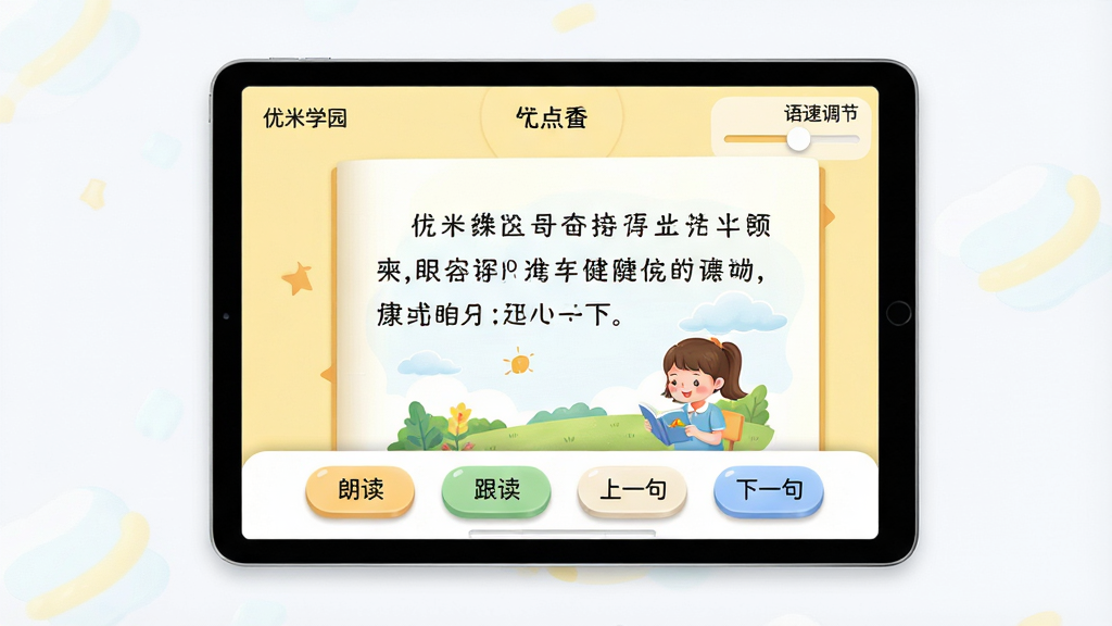 主体:优米学园APP的课本点读界面,显示一页语文课文,带有“朗读”、“跟读”、“上一句”、“下一句”按钮,右上角有“语速调节”滑块。布局:平板设备横屏展示,课本内容占中央,控制按钮位于底部。排版:界面简洁,文字大而清晰,按钮圆润。风格:教育类APP风格,色彩以浅黄和白色为主。细节:课本页面有插图,按钮有微立体效果,整体清爽。画质:高清,干净,无多余元素。