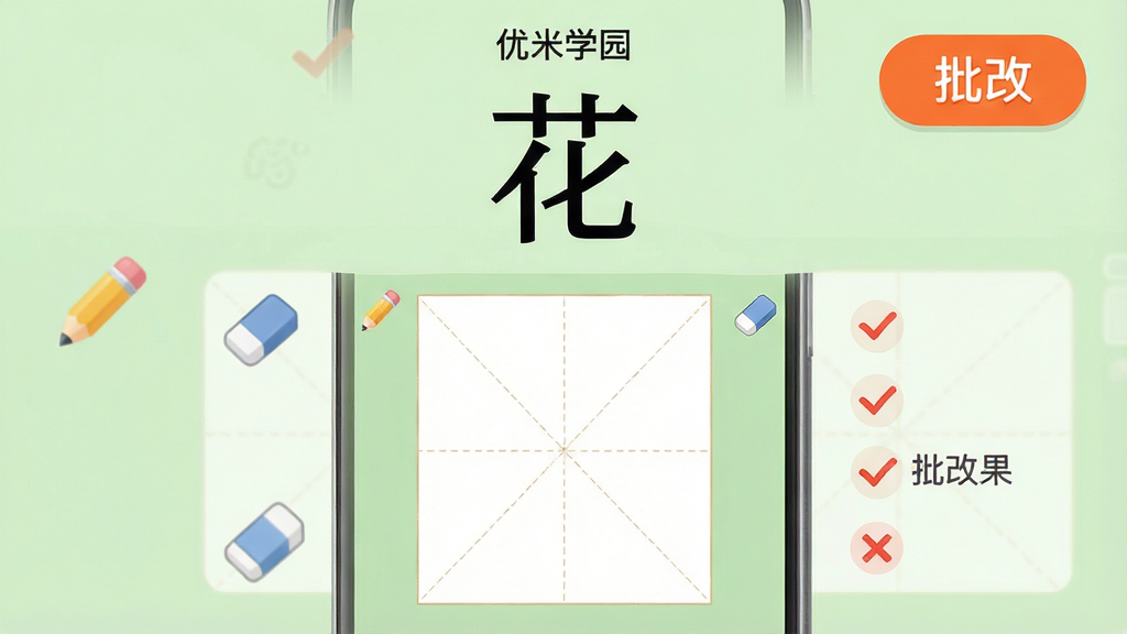 主体:优米学园APP的汉字听写界面,屏幕上方显示一个大大的“花”字,下方有田字格书写区域,右上角有“批改”按钮。布局:手机竖屏,田字格居中,周围有铅笔、橡皮擦图标。排版:文字居中,田字格线条清晰,按钮醒目。风格:简洁教育风,背景为淡绿色。细节:田字格内有浅色辅助线,批改结果用红色对勾和叉号显示。画质:高清,干净,无多余元素。