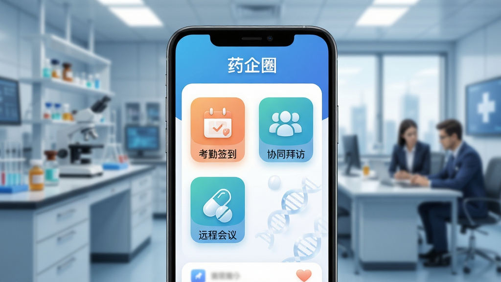 画面主体为“药企圈”APP界面在智能手机上显示的3D概念图,背景是模糊的医药实验室与商务办公场景。布局上,手机屏幕居中,界面清晰展示“考勤签到”“协同拜访”“远程会议”三个功能图标。排版简洁大气,风格现代科技感,细节处突出医药行业元素如DNA双螺旋与药丸图标。画质高清,干净无多余元素,屏幕上显示“药企圈”字样。