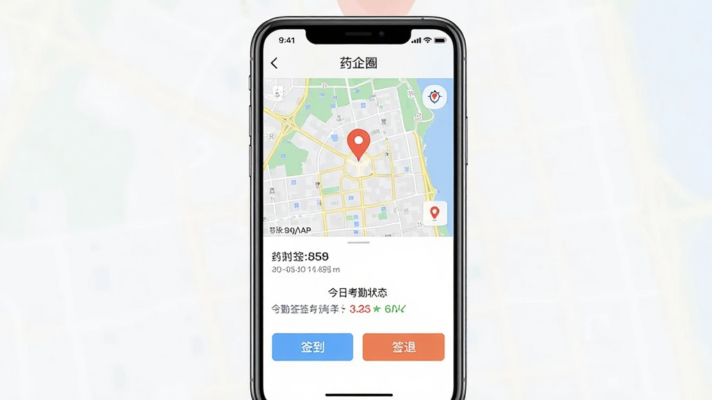 画面主体为药企圈APP的“考勤签到”功能界面截图,以手机竖屏形式呈现。布局中,地图占据上半部分,显示当前定位标记,下方为“签到”“签退”按钮。排版清晰,风格扁平化,细节包括时间戳与今日考勤状态。画质干净,界面文字清晰显示“药企圈”与“考勤签到”。