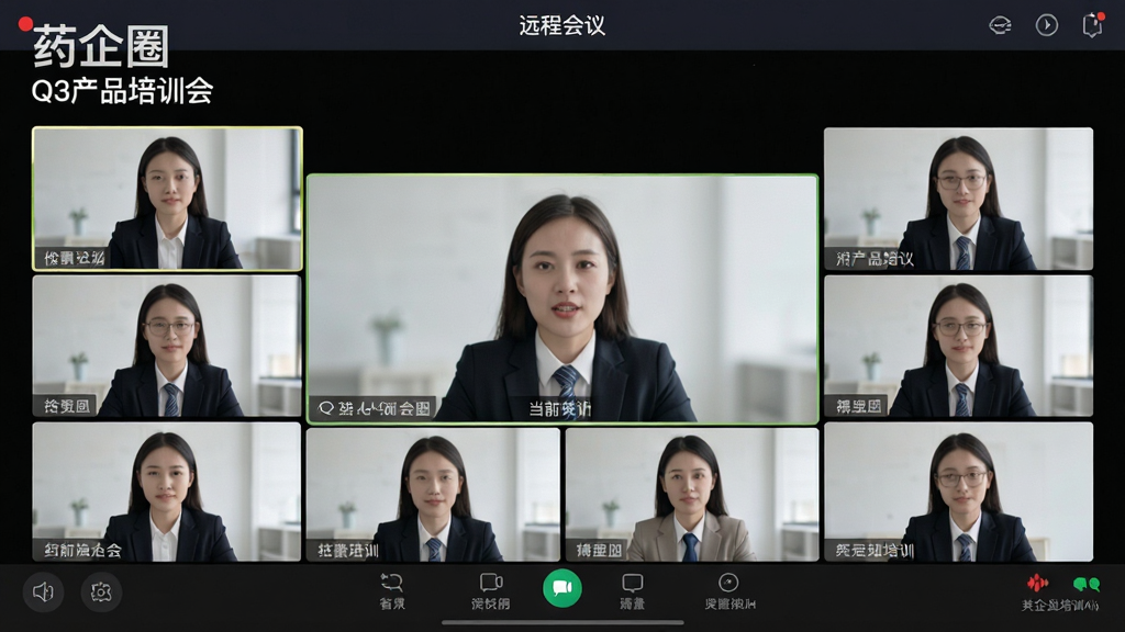 画面主体为药企圈APP的“远程会议”界面,显示多人视频通话网格。布局中央为当前发言人,四周为参会者缩略图。排版规整,风格商务简约,细节包括会议标题“Q3产品培训会”、底部功能栏。画质高清,左上角有“药企圈”水印。
