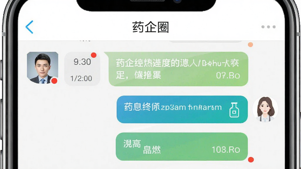 画面主体为药企圈APP的“消息交流”界面,以手机竖屏显示。布局为聊天窗口样式,左侧对方头像,右侧己方气泡。排版紧凑,风格清爽,细节显示消息时间与未读红点。画质细腻,顶部导航栏有“药企圈”名称。