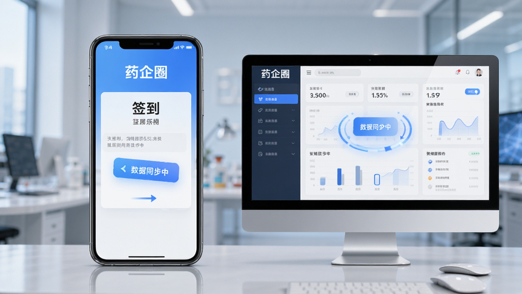画面主体为药企圈APP在手机与电脑上同步使用的场景,左侧手机显示签到界面,右侧电脑显示数据后台。布局左右对称,风格商务科技,细节包括“数据同步中”图标。画质清晰,设备屏幕有“药企圈”标识。