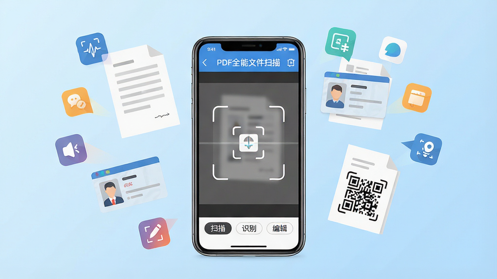 主体:一部智能手机屏幕上显示“PDF全能文件扫描”应用界面,周围漂浮着各种扫描后的文档、证件、二维码等元素,背景为浅蓝色渐变。布局:手机居中,四周环绕功能图标,排版清晰。风格:扁平化设计,色彩明亮。细节:手机屏幕内显示扫描界面,有“扫描”、“识别”、“编辑”等字样。画质:高清,干净,无多余元素。