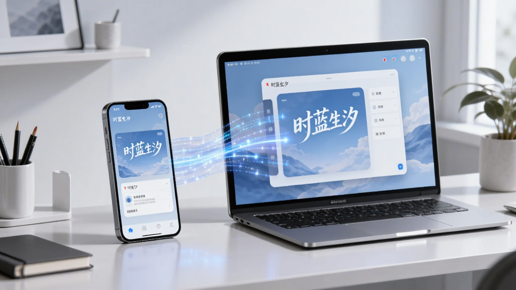 创作一幅展示“时蓝生汐”在手机与电脑上协同使用的场景,手机与电脑屏幕均亮起并显示相同的“时蓝生汐”界面,两设备间有半透明的数据流光线连接。背景为现代简约的工作台,风格干净明亮,布局平衡,细节丰富,画质高清。