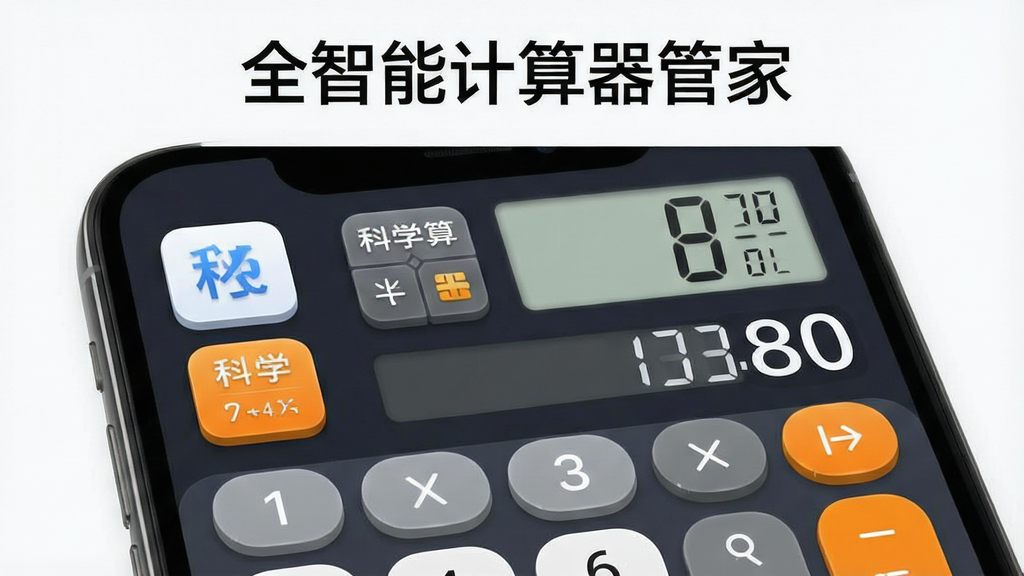 一张全智能计算器管家APP的功能展示图,主体是手机屏幕上的计算器界面,布局清晰,上面显示标准计算、科学计算、房贷计算等多个功能图标,排版整齐,风格现代简洁,细节包括按钮立体效果、数字显示清晰,画质高清干净,无多余元素,屏幕上方有“全智能计算器管家”字样