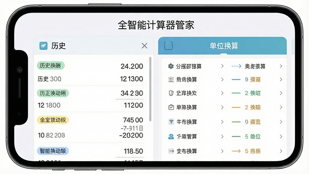 全智能计算器管家的历史记录与单位换算页面,主体是手机屏幕上的列表,左侧为历史计算记录,右侧为单位换算工具,布局对称,排版整洁,风格清爽,细节有数据分类标签,画质高清干净,无多余元素,顶部有“全智能计算器管家”标题