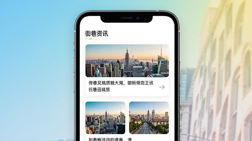 展示街巷App资讯频道的界面,主体为列表形式的新闻卡片,配有城市风景缩略图,顶部有“街巷资讯”字样,布局整齐,风格现代简约,色彩明快,画质细腻,无多余元素