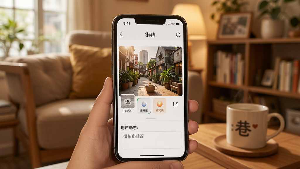 展示用户使用街巷App发布动态的界面,主体为手机编辑页面,包含图片选择、滤镜效果和文字输入框,背景为温馨的室内环境,风格亲切自然,排版直观,突出“街巷”记录生活的主题,画质清晰,无多余元素