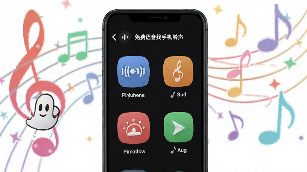 展示手机屏幕上显示免费语音找手机的铃声选择界面,列出多种铃声图标和名称,背景为彩色音乐符号,画面活泼生动,突出个性化定制功能,高清画质,干净无多余元素