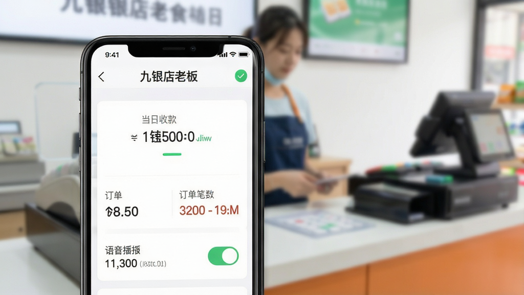 一幅现代简约风格的手机应用界面展示图,主体为“九银店老板”APP首页,背景是模糊的实体店铺收银台,前景手机屏幕清晰显示当日收款金额、订单笔数和语音播报开关,布局干净层次分明,风格写实明亮,细节包括屏幕上的“九银店老板”字样和绿色对勾图标,画质高清细腻,无多余元素
