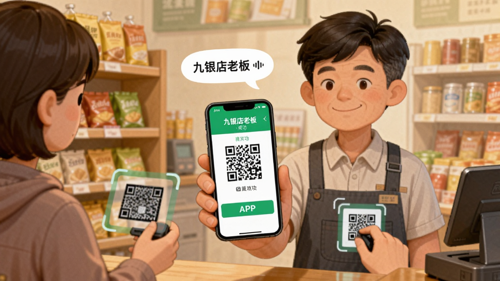 一张展示店主在店内使用“九银店老板”APP收款码的实景插画,主体是店主手持手机展示收款二维码,顾客正在扫码,背景是温馨的小超市货架,布局采用黄金分割构图,风格写实偏卡通,细节包括手机屏幕上的“九银店老板”收款成功界面和语音播报气泡,画质清晰明亮,无多余元素