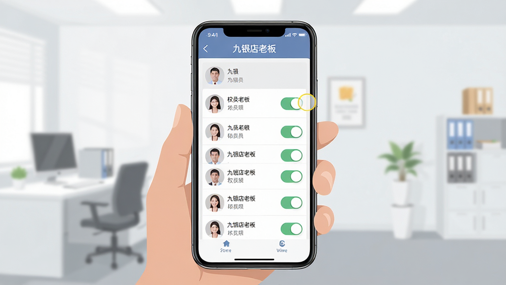 一张展示老板在手机上为店员分配权限的操作界面截图,主体是“九银店老板”的店员管理页面,背景为简洁的办公室环境,布局居中构图,风格扁平化设计,细节包括店员列表、权限开关按钮和“九银店老板”字样,画质干净清晰,无多余元素
