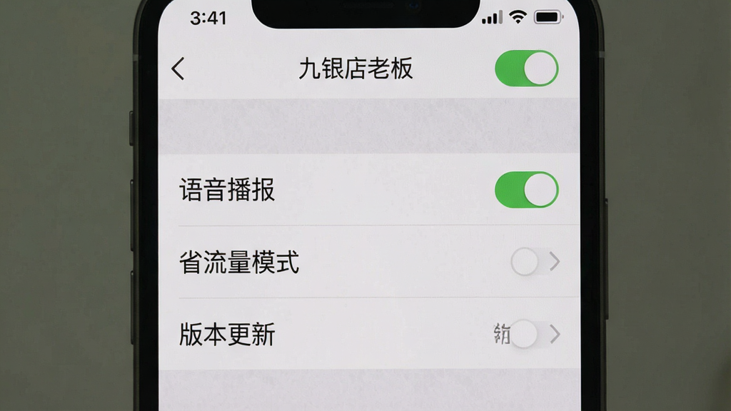 一张手机截图风格图片,主体是“九银店老板”APP的设置页面,显示“语音播报”、“省流量模式”、“版本更新”等选项,背景为浅灰色纹理,布局简洁清晰,风格扁平化,细节包括屏幕顶部的“九银店老板”字样和设置开关,画质干净无多余元素