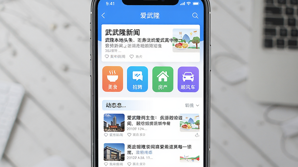 一张智能手机屏幕展示爱武隆客户端主界面预览图,界面风格清新简洁,顶部显示武隆本地新闻头条,中部有“美食”、“招聘”、“房产”、“顺风车”等彩色功能图标,下方是动态信息流,整体色调以蓝色和白色为主,画面干净,细节丰富,高清画质