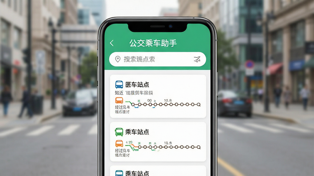 一张智能手机屏幕特写,屏幕中显示“公交乘车助手”应用主界面,界面顶部为定位搜索栏,下方以卡片列表形式展示附近公交站点名称及经过线路,背景为虚化的城市街道,整体风格清新简洁,色彩明快,画质干净,无多余元素